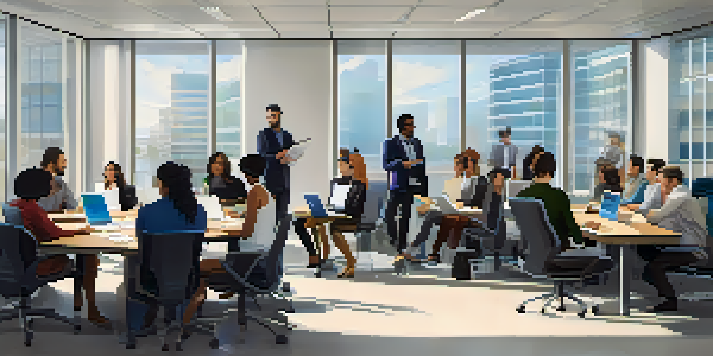 A diverse group of employees participating in a privacy training session in a modern office setting, discussing data protection practices.