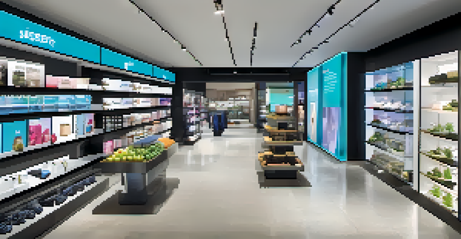A modern retail space with digital signage and interactive displays, showcasing products with cool-toned lighting.