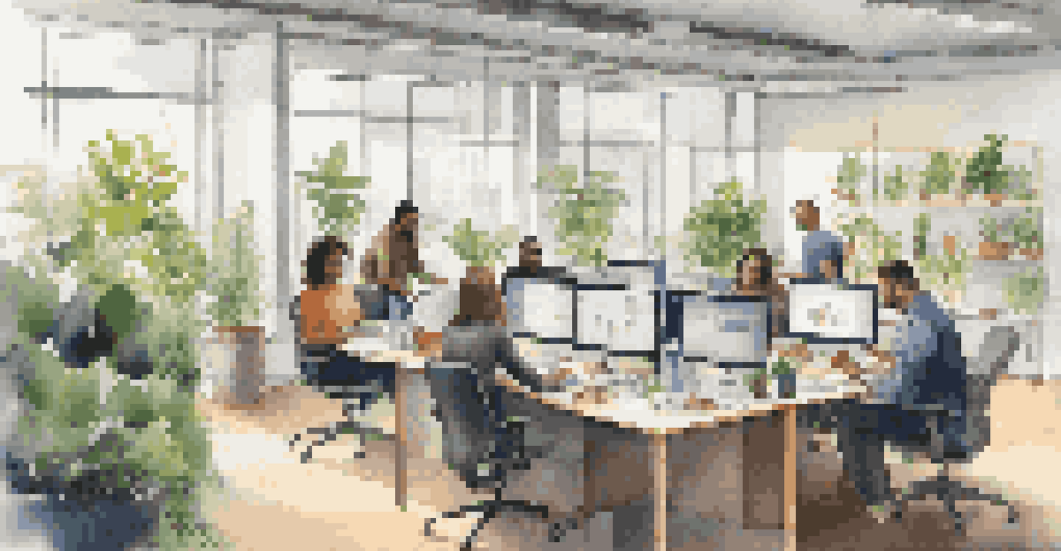 A collaborative office environment with diverse employees working together, emphasizing a commitment to corporate social responsibility.