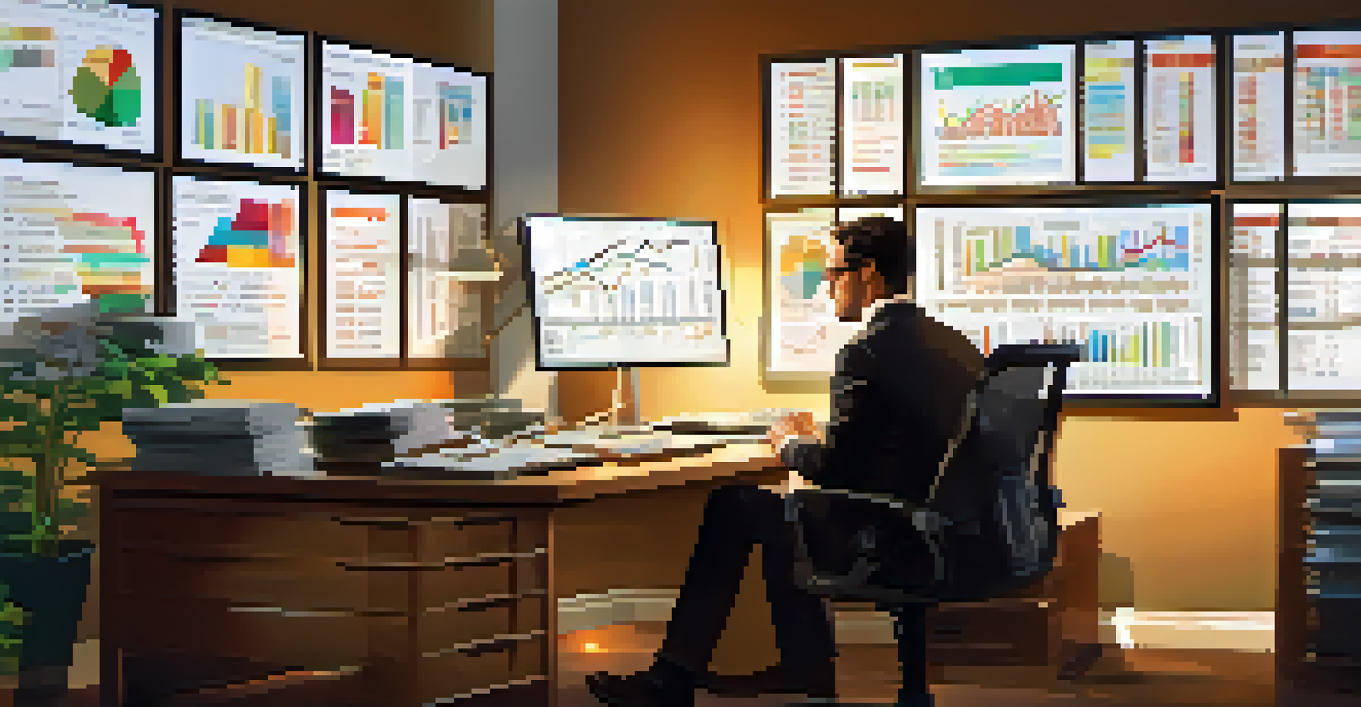 An accountant working at a desk with spreadsheets and a laptop showing financial graphs related to budget variance analysis.