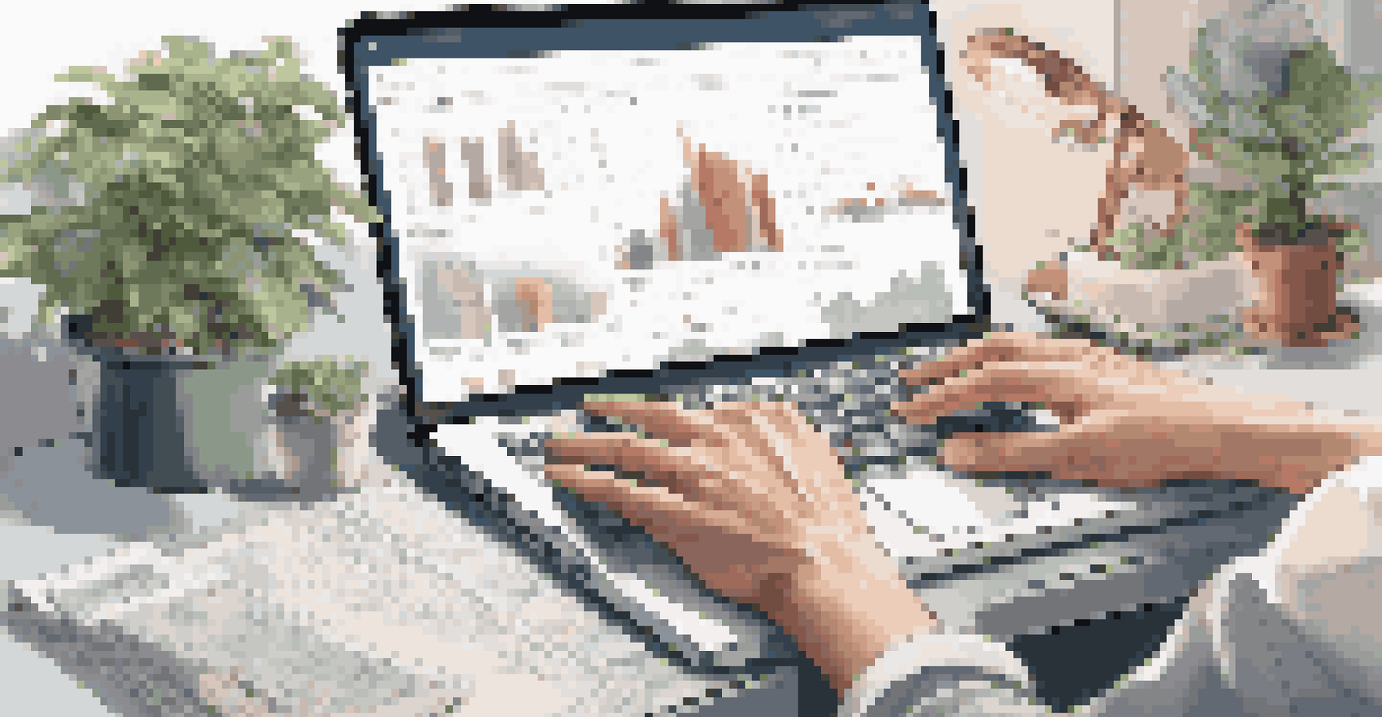 Close-up of hands typing on a laptop surrounded by financial documents.