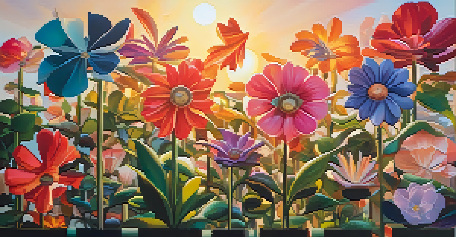 A colorful garden with unique flowers symbolizing growth and creativity, illuminated by a soft sunrise.