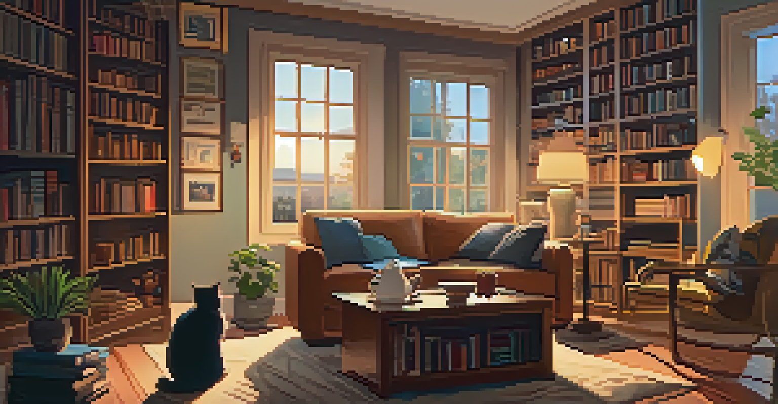 A cozy living room with a person using a laptop and a cat nearby.