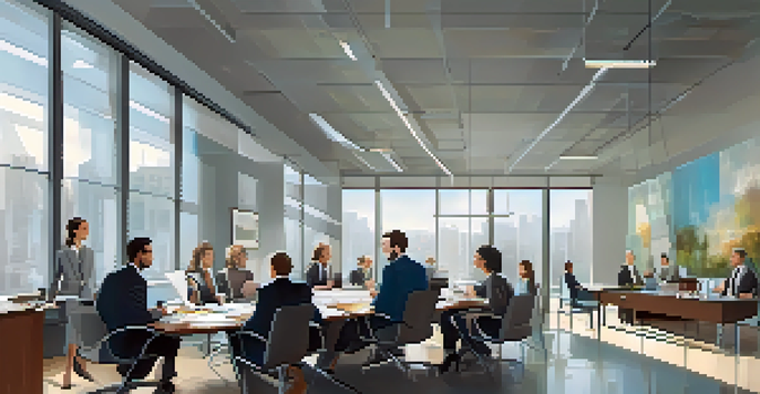 A diverse group of professionals discussing business law in a bright office with legal documents on the table.