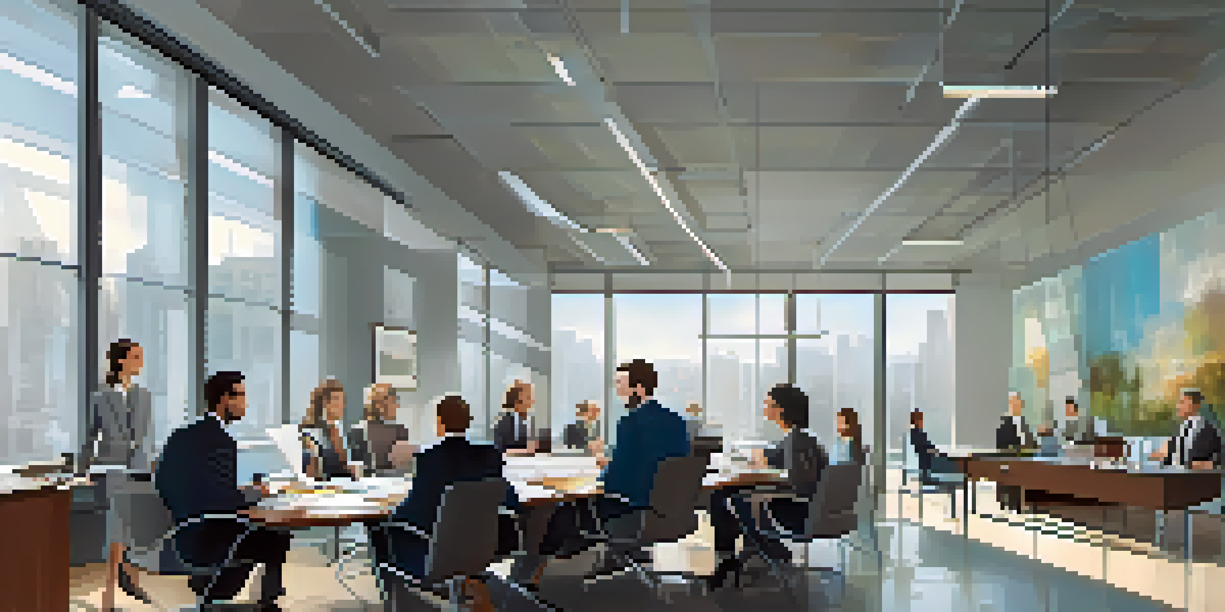 A diverse group of professionals discussing business law in a bright office with legal documents on the table.