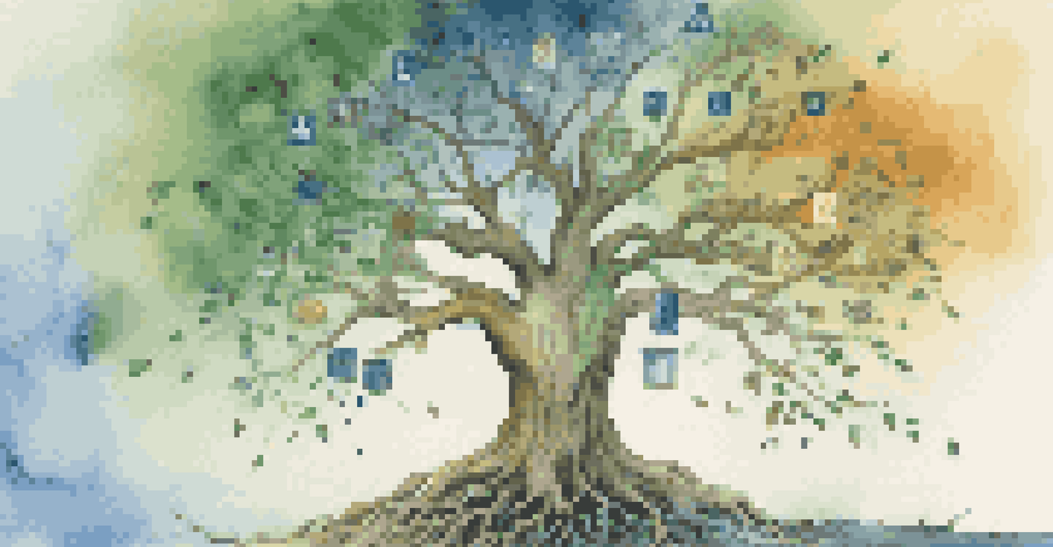 A symbolic tree with business icons representing growth and legacy against a soft blue to green gradient background.