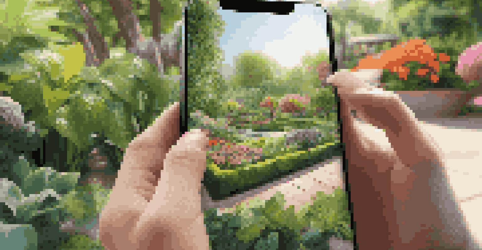 A person using a smartphone to view augmented reality plants overlaid in a garden, surrounded by lush greenery and sunlight.