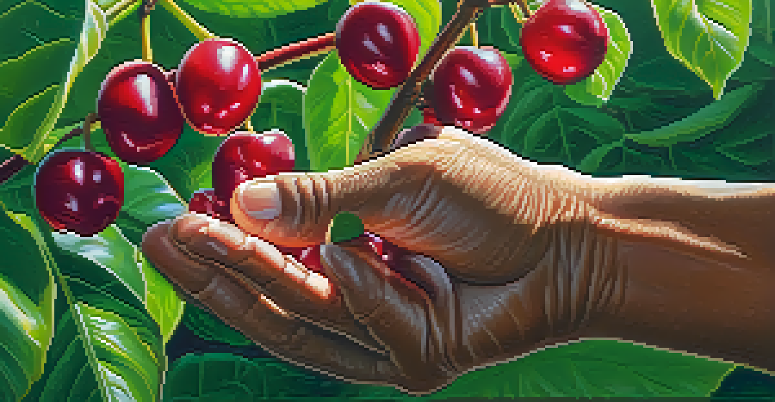 A coffee farmer examining ripe cherries on a green plantation in soft morning light.