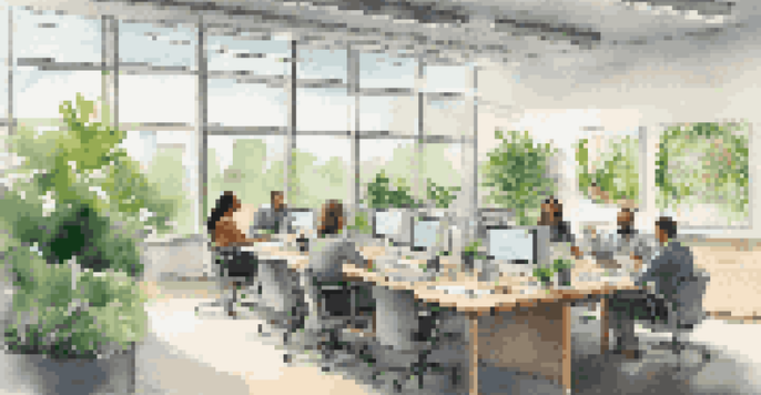 A diverse group of employees in a bright conference room with natural light, discussing ideas around a table filled with green plants.
