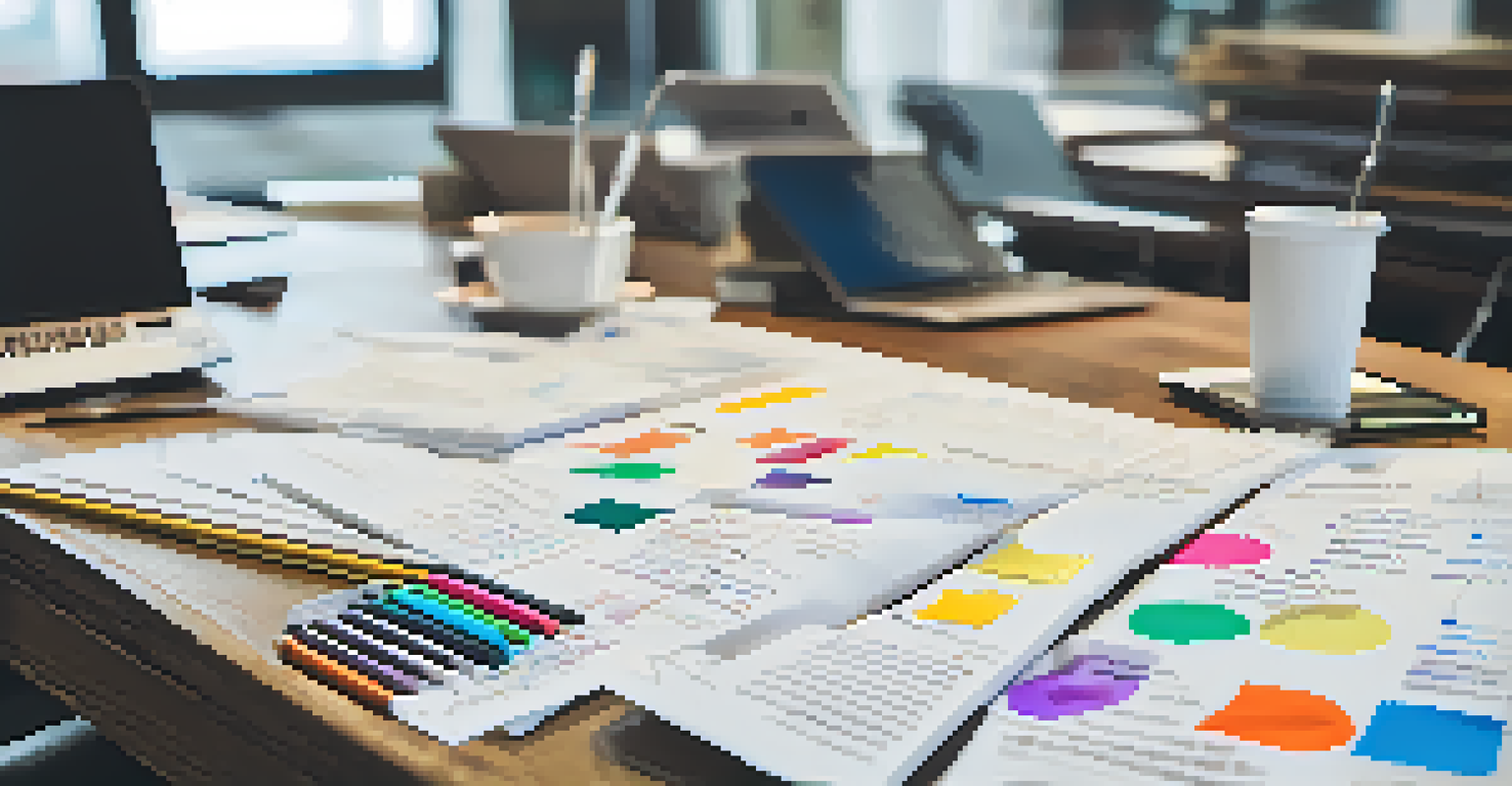 A close-up of a Business Model Canvas on a wooden table with colorful notes and markers, surrounded by laptops and coffee cups.