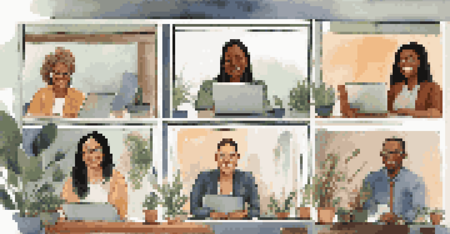A video conference call with diverse employees in different home settings, smiling and engaged in discussion.