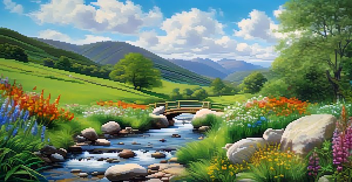 A peaceful valley with a stream and wildflowers under a blue sky.