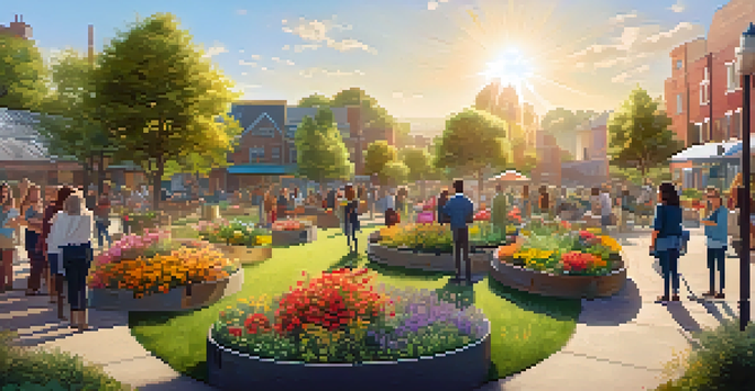 A lively community garden with people participating in sustainable activities, surrounded by colorful flowers and recycling bins under a golden sunlight.