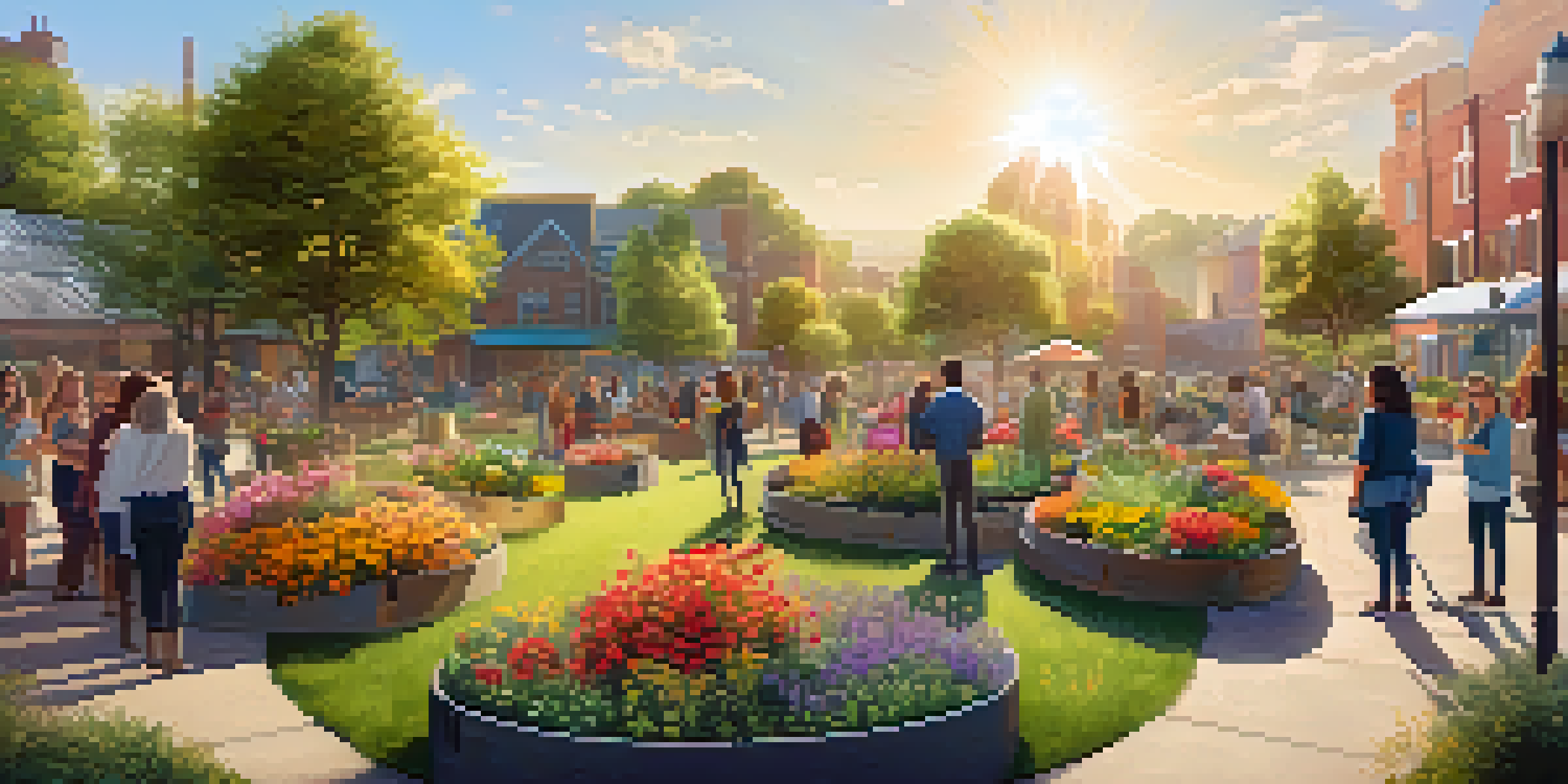 A lively community garden with people participating in sustainable activities, surrounded by colorful flowers and recycling bins under a golden sunlight.