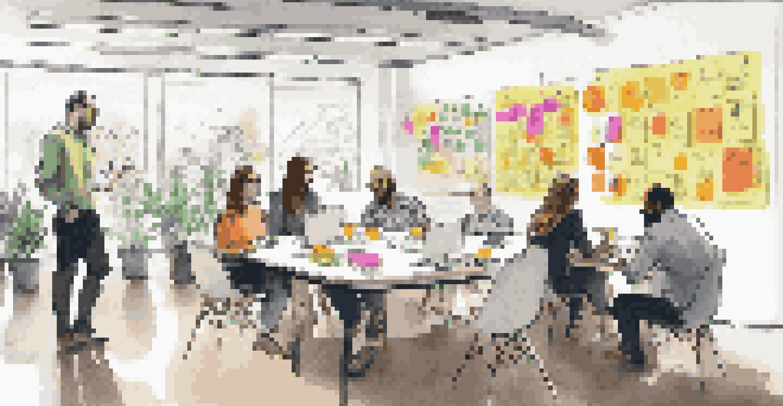 A brainstorming session in a creative incubator with individuals around a table filled with sticky notes and laptops, and a whiteboard displaying sketches about business models.