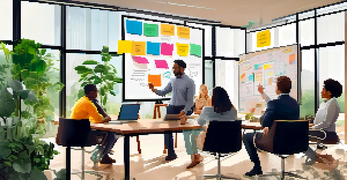 A group of diverse professionals collaborating during a brainstorming session in a bright office, surrounded by colorful sticky notes on a whiteboard.