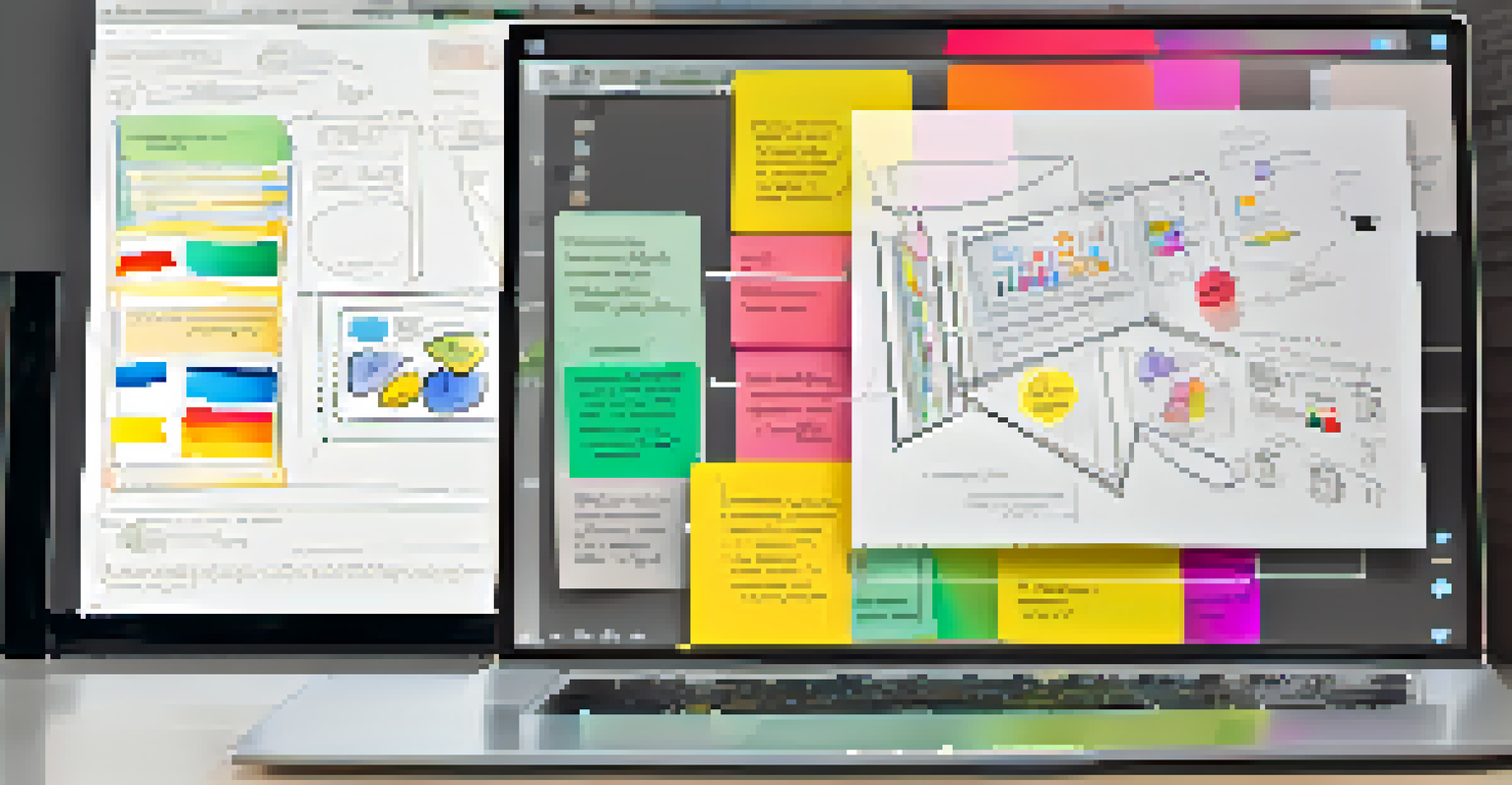 A close-up of a laptop screen showing a digital design prototype, surrounded by sketches and notes.
