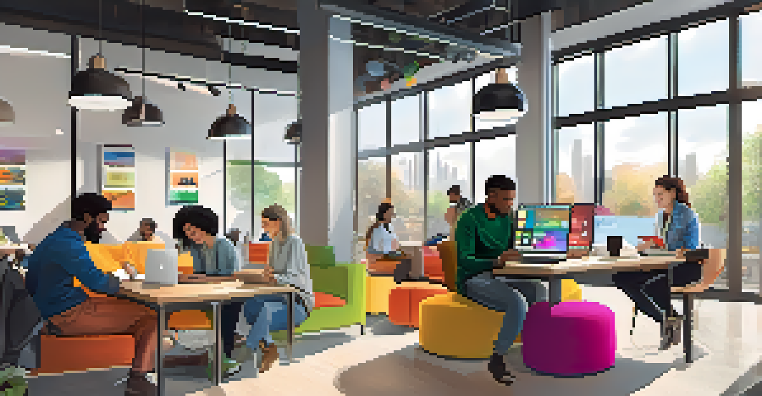 A group of diverse gig workers collaborating in a modern co-working space.