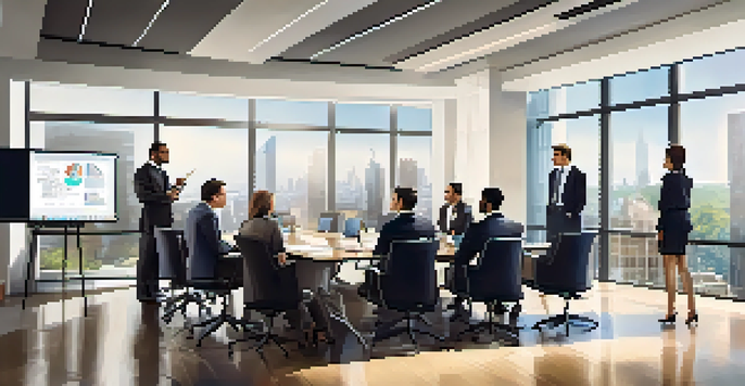 A diverse group of professionals in business attire having a meeting around a conference table, discussing M&A compliance with charts on a screen.