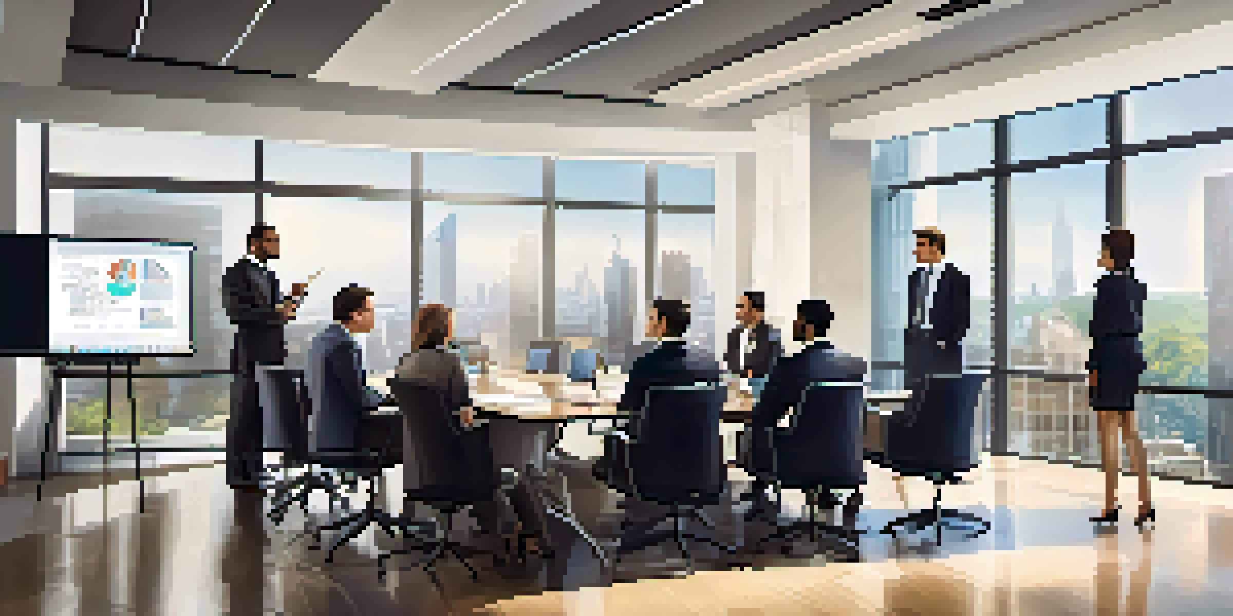 A diverse group of professionals in business attire having a meeting around a conference table, discussing M&A compliance with charts on a screen.
