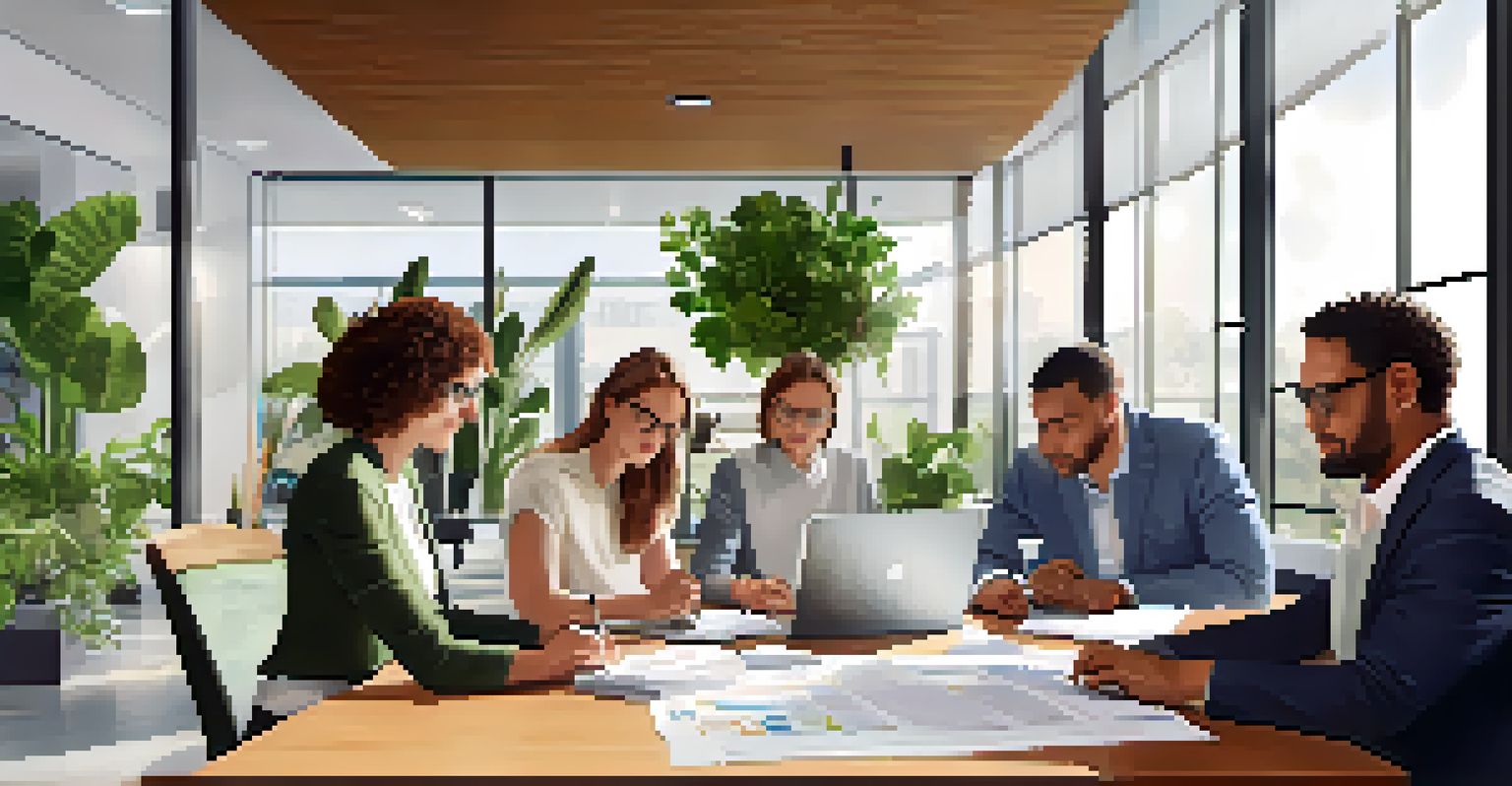 A diverse group of professionals working together in a bright office, discussing socially responsible investment strategies.
