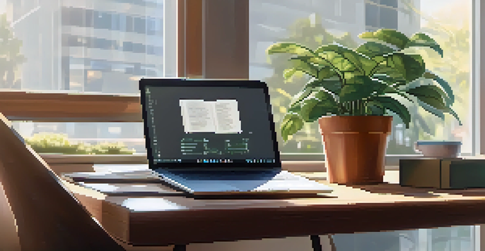 A modern office workspace with a laptop, notepad, coffee cup, and a potted plant under soft natural light.