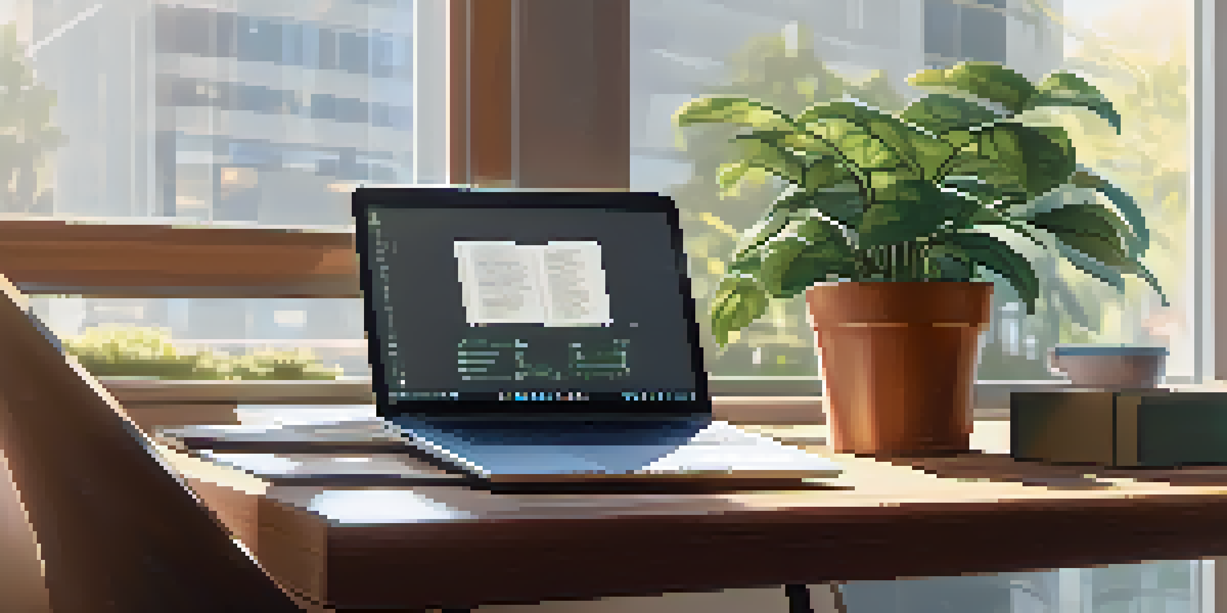 A modern office workspace with a laptop, notepad, coffee cup, and a potted plant under soft natural light.