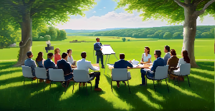 A group of diverse individuals from a company and their suppliers having a collaborative meeting in a green field under a clear blue sky, with a whiteboard displaying sustainability goals.