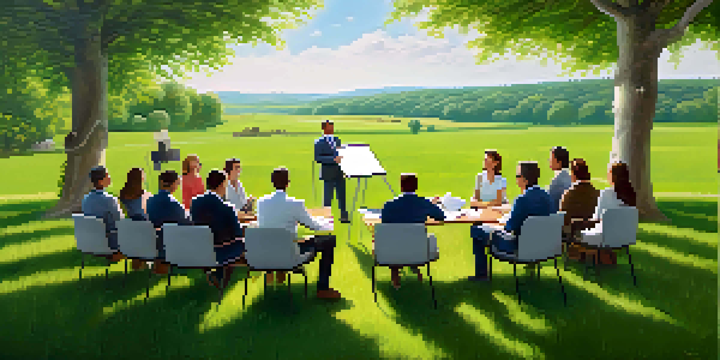 A group of diverse individuals from a company and their suppliers having a collaborative meeting in a green field under a clear blue sky, with a whiteboard displaying sustainability goals.