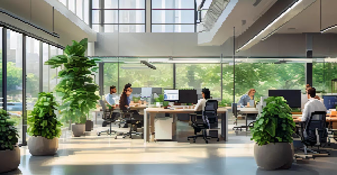 A bright and modern office with open workstations, greenery, and diverse employees collaborating.