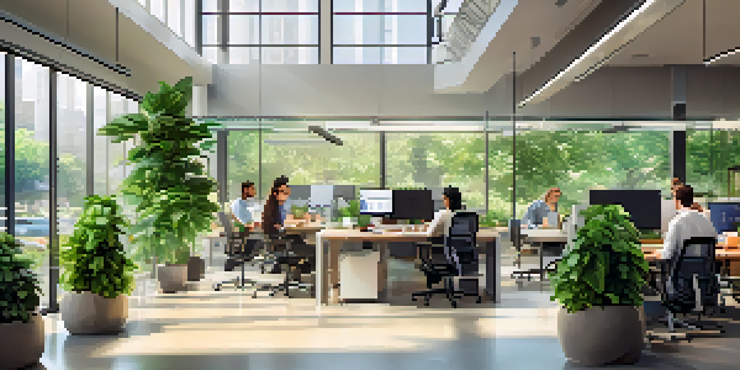 A bright and modern office with open workstations, greenery, and diverse employees collaborating.