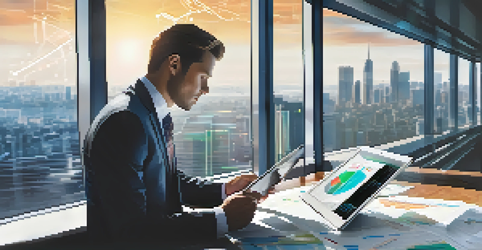 A business professional analyzing data on a digital tablet, showing charts and graphs, with a modern office skyline in the background and soft natural light.