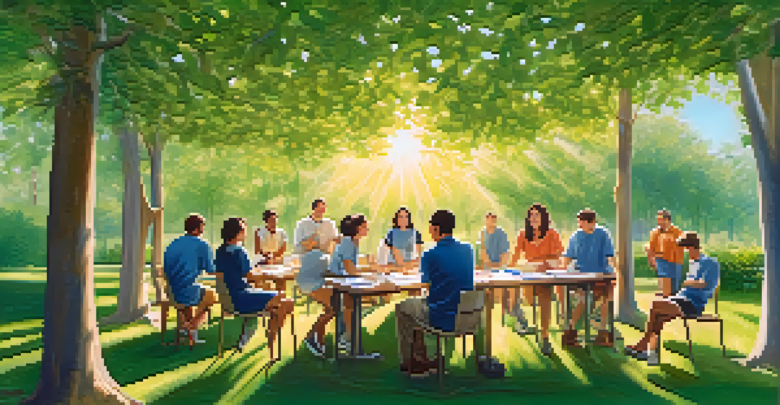 A group of employees participating in a trust fall team-building exercise outdoors, surrounded by trees and natural sunlight.