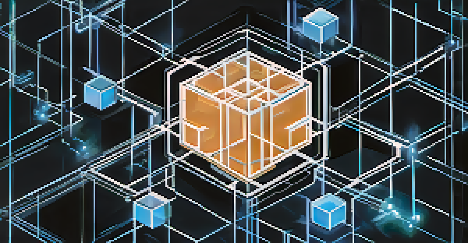 An abstract illustration of a blockchain network with interconnected blocks representing various industries.