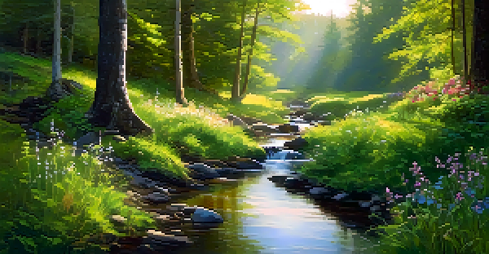 A peaceful forest scene with sunlight filtering through trees and a stream flowing through wildflowers.