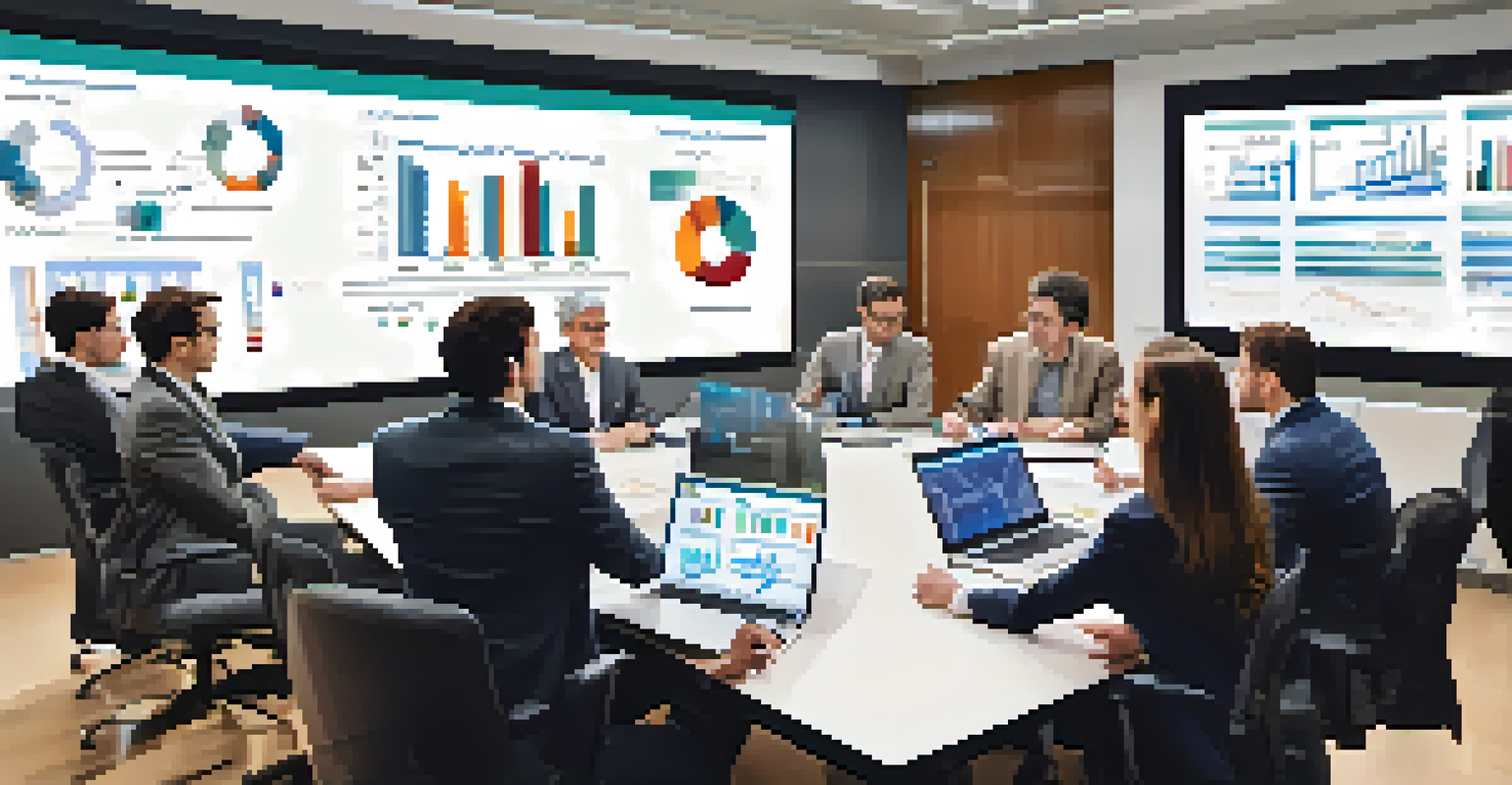 A diverse team in a conference room analyzing data on a large screen.