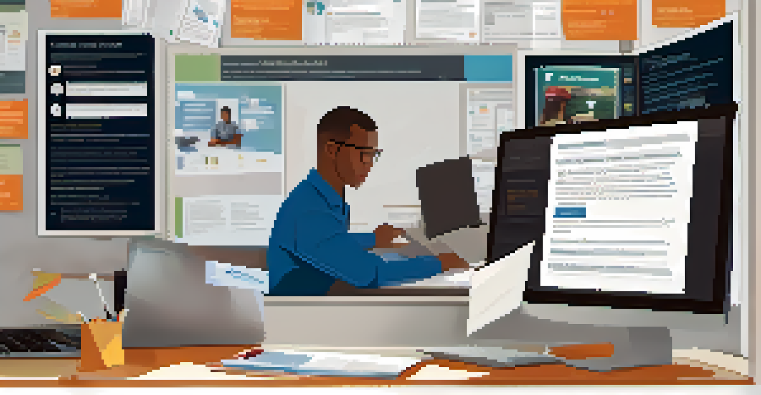 An employee using a laptop to access a crisis management portal, surrounded by training materials in a well-organized workspace with natural light.