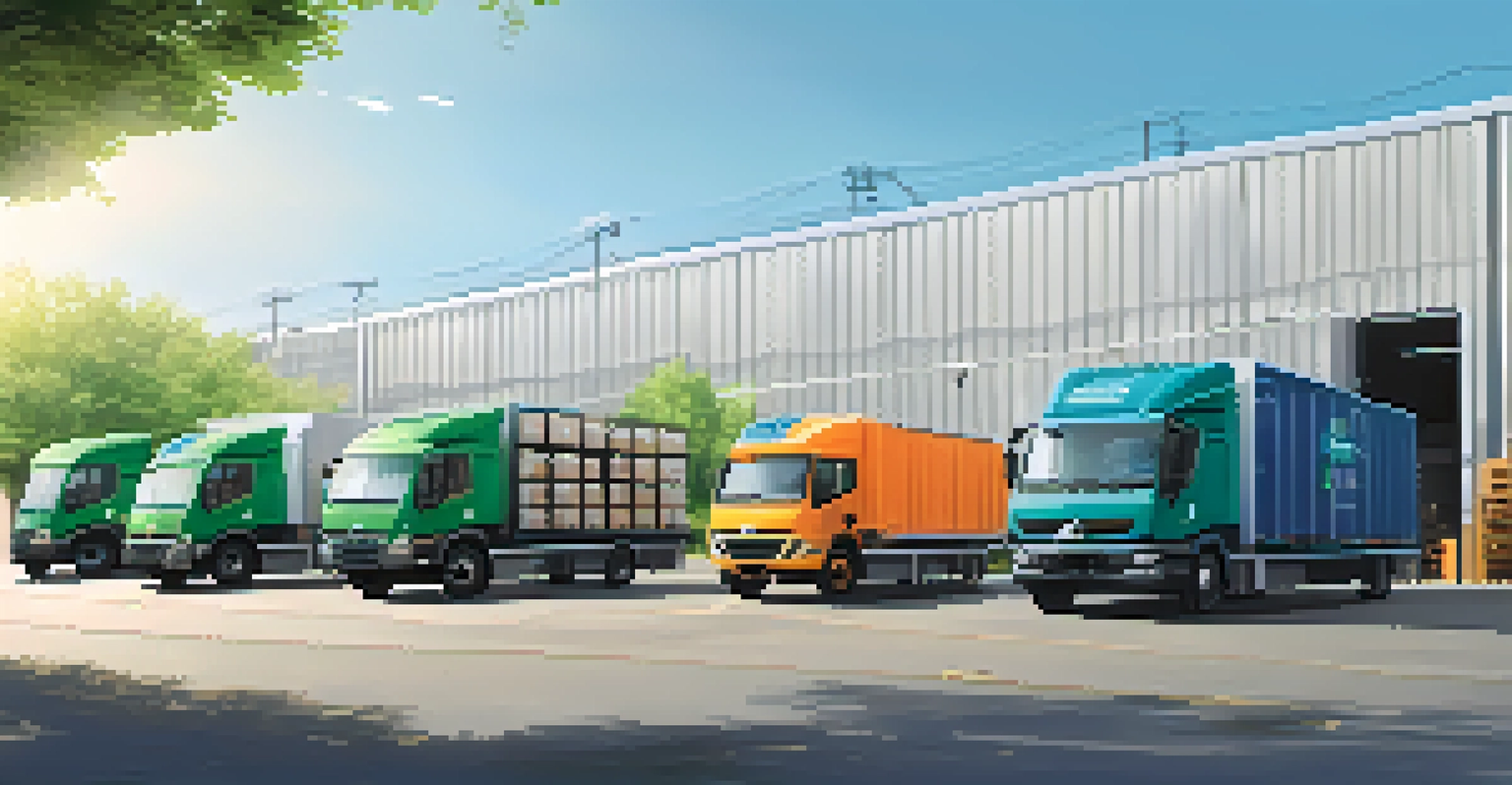 An illustration showcasing a green supply chain with eco-friendly trucks and solar panels.