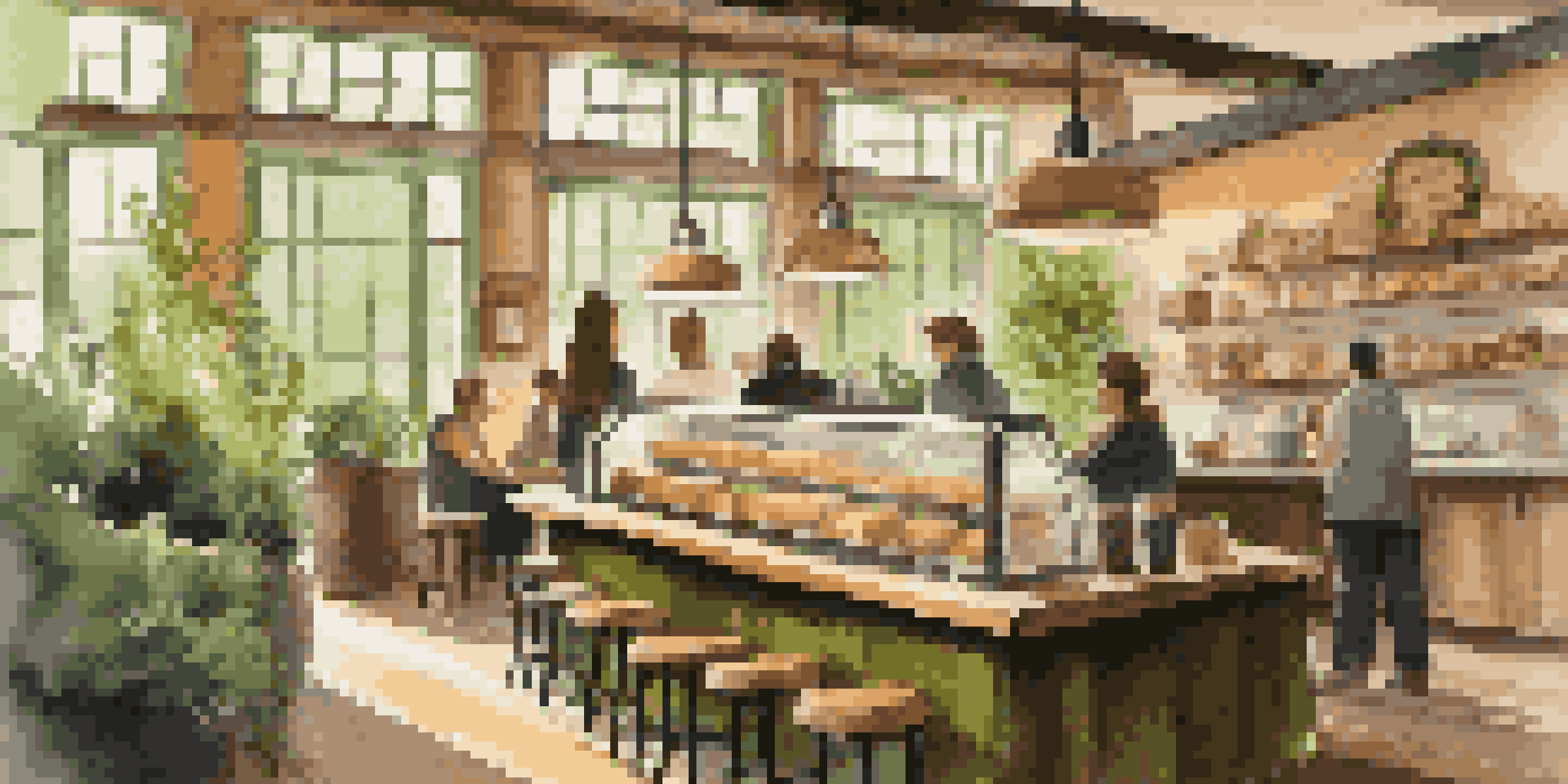 A warm and inviting coffee shop with wooden decor, sunlight filtering through windows, and customers enjoying their time.