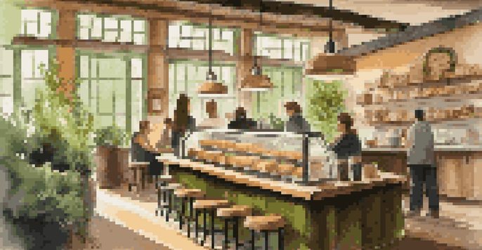 A warm and inviting coffee shop with wooden decor, sunlight filtering through windows, and customers enjoying their time.