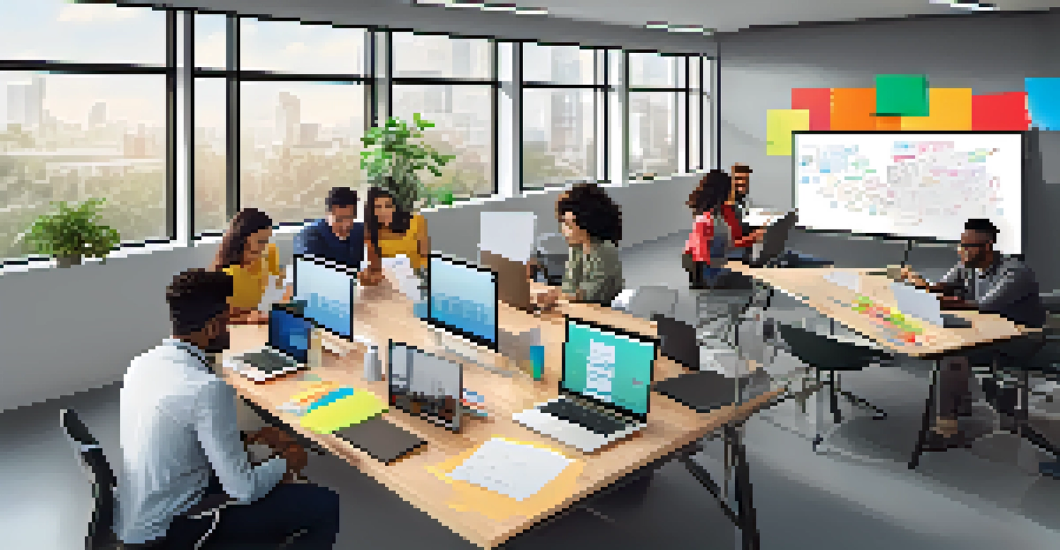 A diverse team in a bright, modern workspace collaborating on a project with laptops and notes.