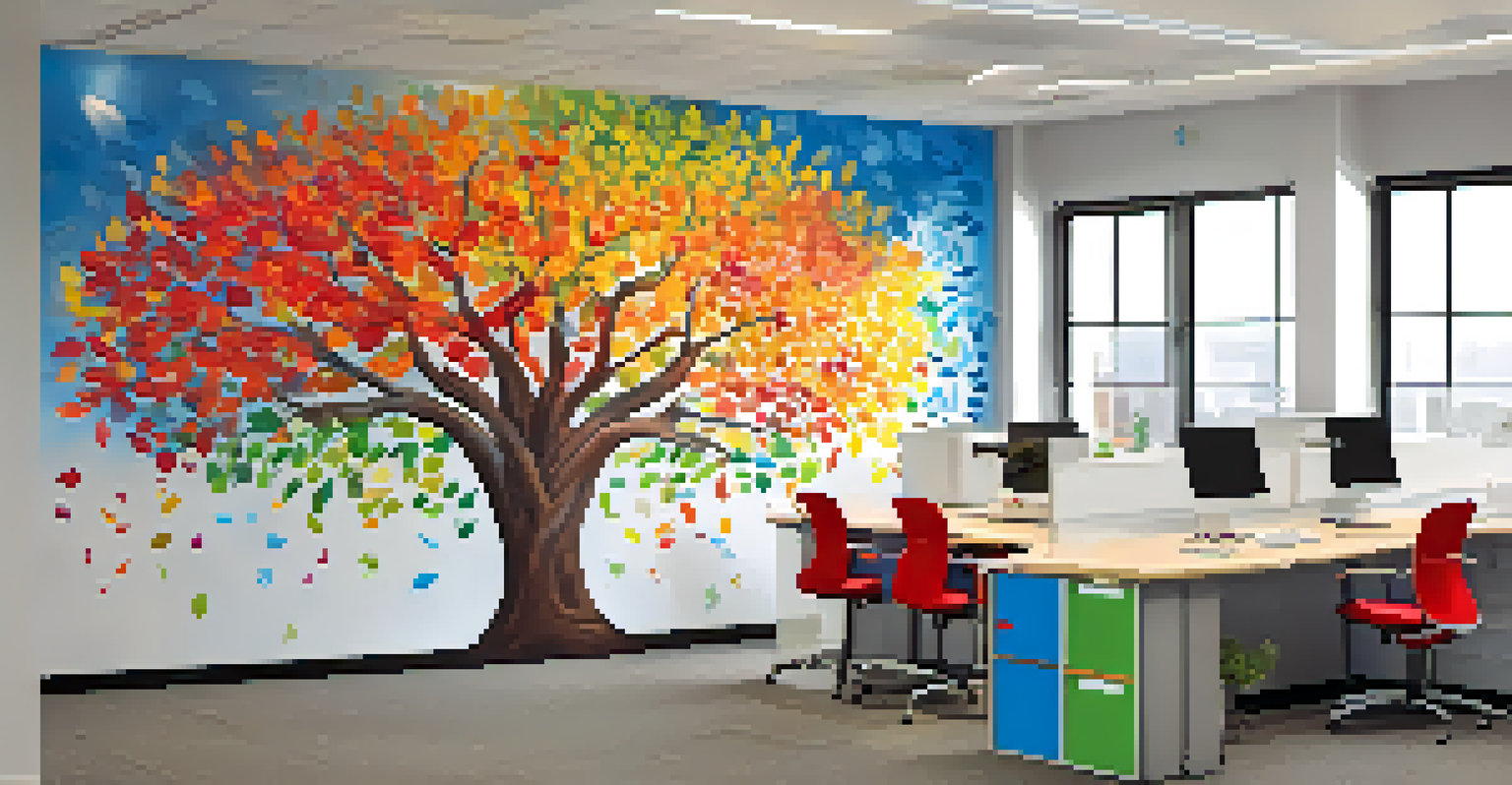 A vibrant office mural of a tree made of colorful handprints, symbolizing diversity and growth, illuminated by sunlight in a modern workspace.