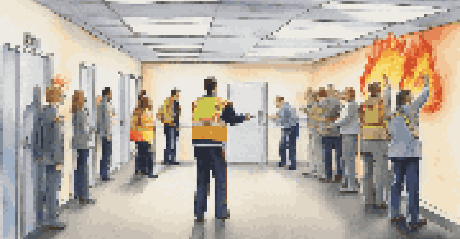 Employees participating in a fire drill, evacuating an office building under clear exit signs.