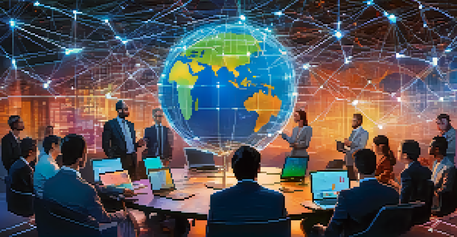 A globe surrounded by digital networks with data streams, and a diverse group of professionals collaborating over a laptop, representing GDPR's international implications.