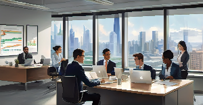 A diverse team of professionals in a bright office collaborating on financial analysis with charts and reports on the table.