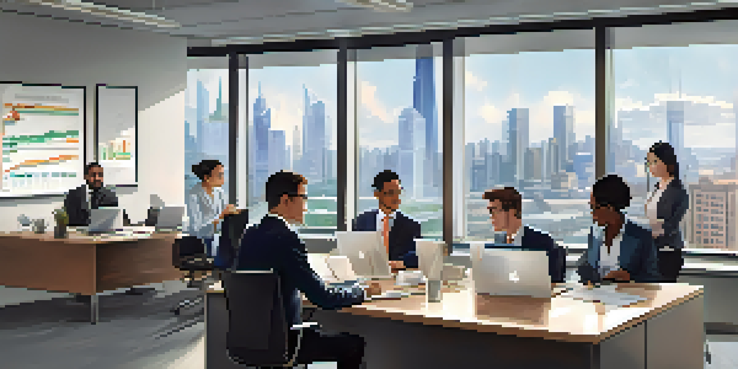 A diverse team of professionals in a bright office collaborating on financial analysis with charts and reports on the table.