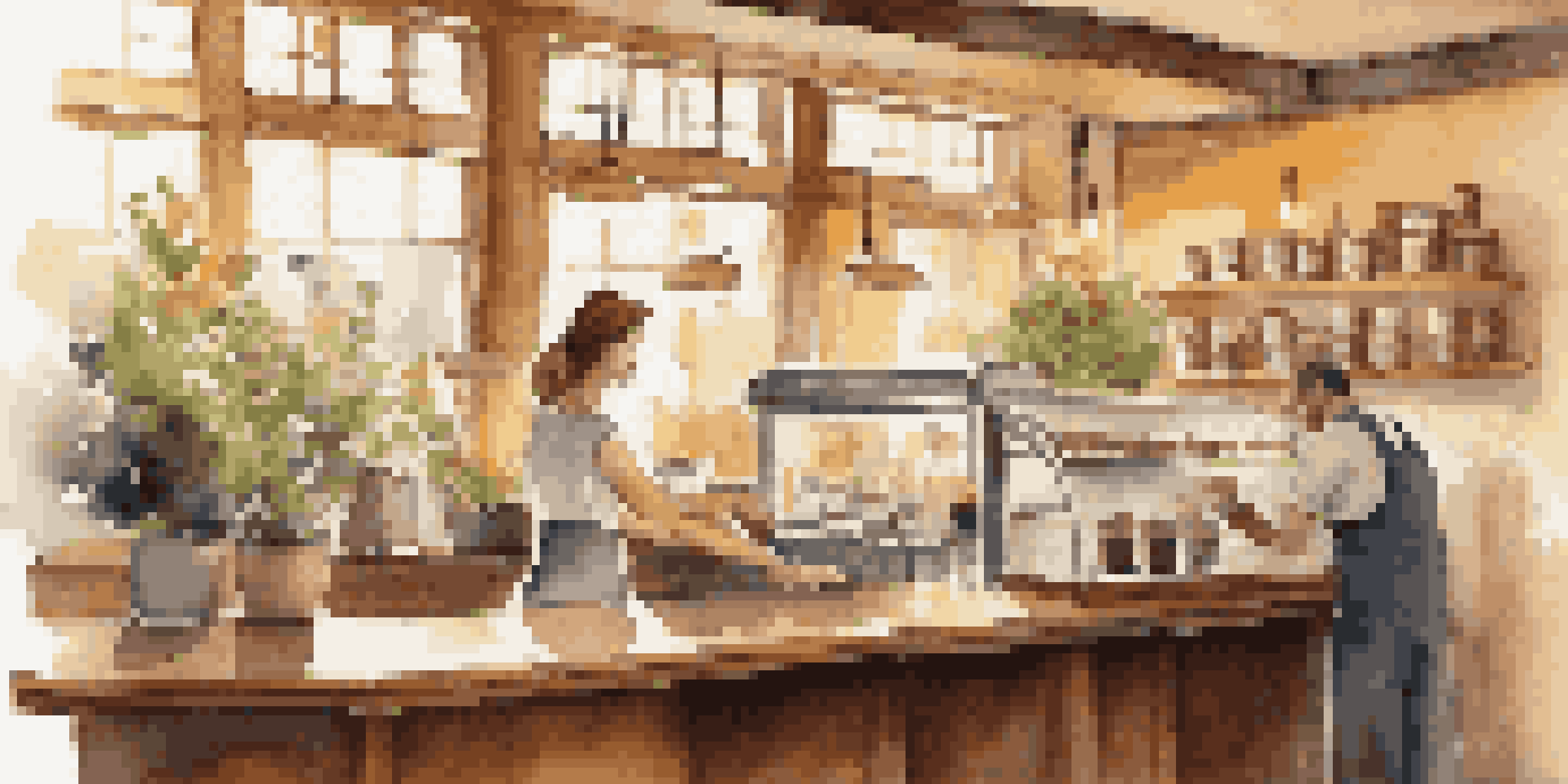 A barista serving coffee to a customer in a cozy coffee shop with warm lighting and plants.