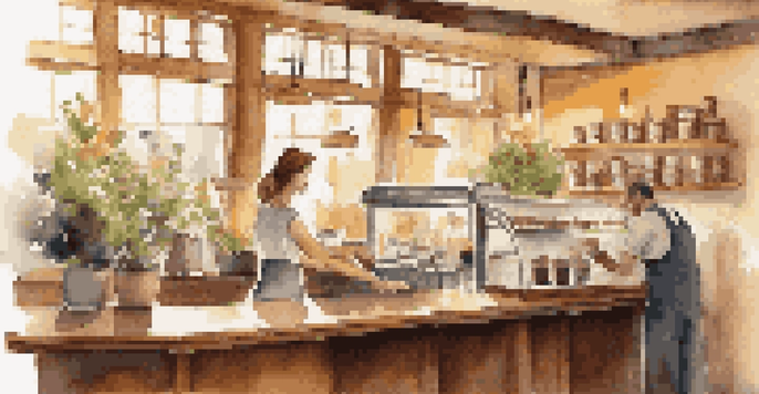 A barista serving coffee to a customer in a cozy coffee shop with warm lighting and plants.
