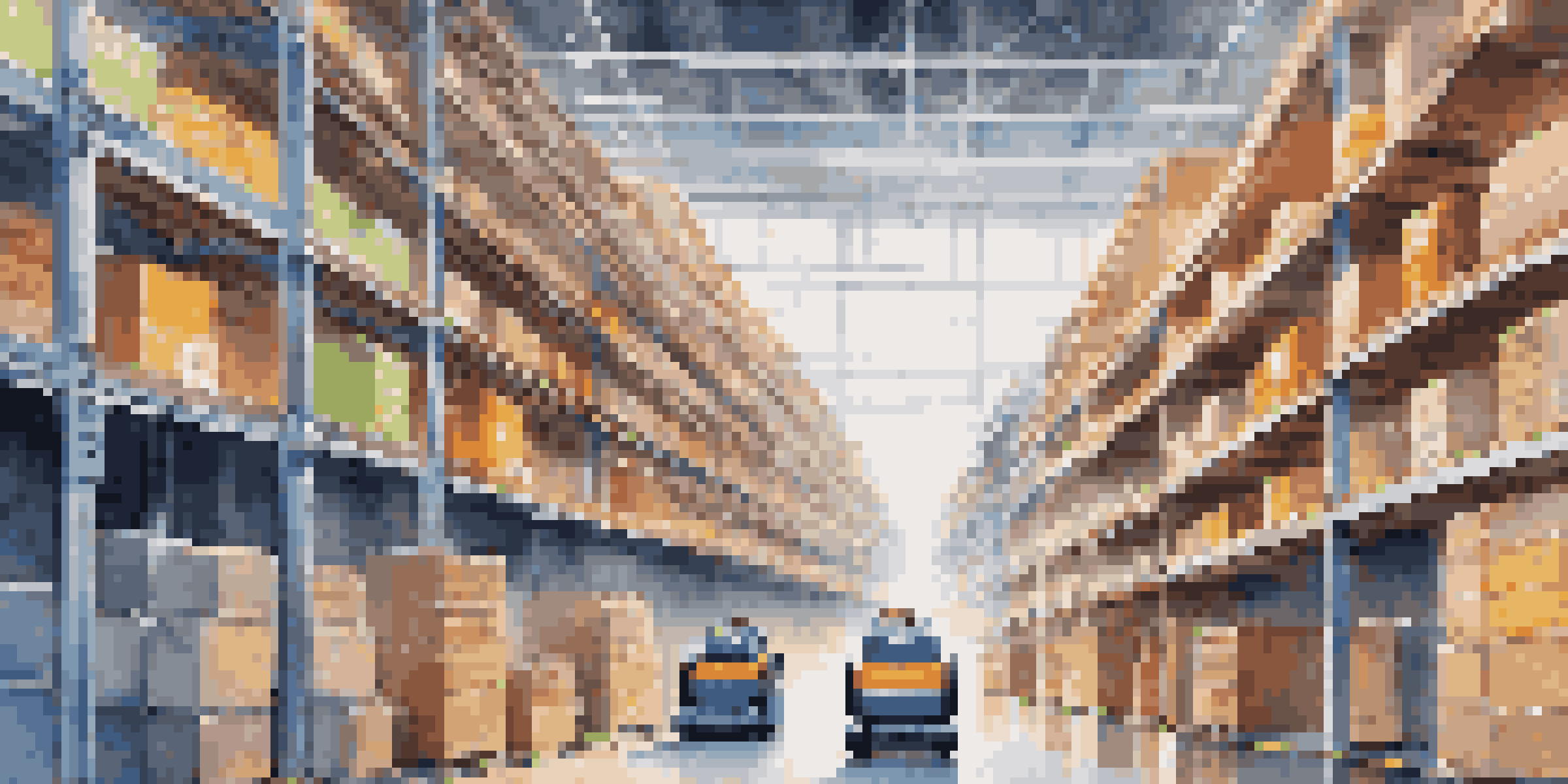 A modern warehouse with autonomous robots moving between shelves, showcasing efficient logistics.