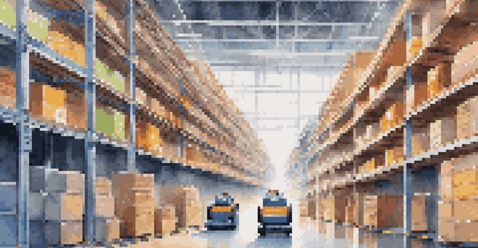 A modern warehouse with autonomous robots moving between shelves, showcasing efficient logistics.